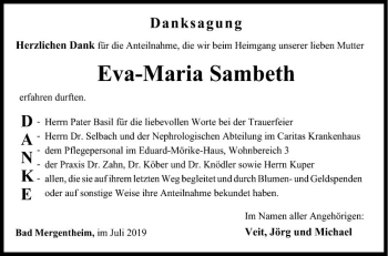 Traueranzeige von Eva-Maria Sambeth von Fränkische Nachrichten