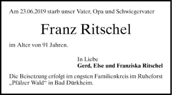 Traueranzeige von Franz Ritschel von Mannheimer Morgen