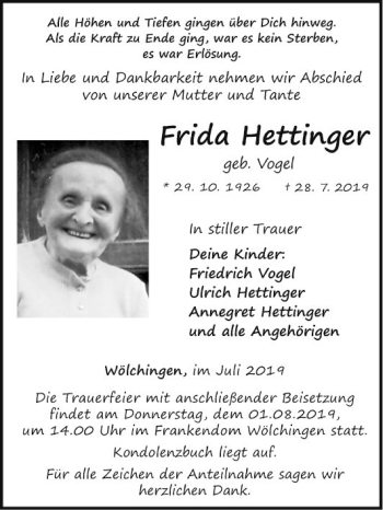 Traueranzeige von Frida Hettinger von Fränkische Nachrichten