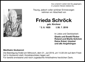 Traueranzeige von Frieda Schröck von Fränkische Nachrichten