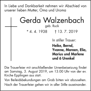 Traueranzeige von Gerda Walzenbach von Fränkische Nachrichten