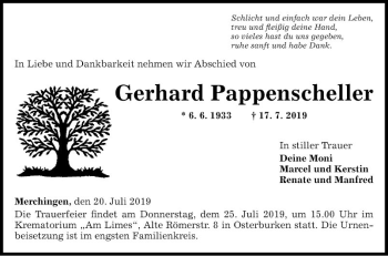 Traueranzeige von Gerhard Pappenscheller von Fränkische Nachrichten