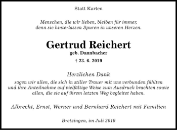 Traueranzeige von Gertrud Reichert von Fränkische Nachrichten