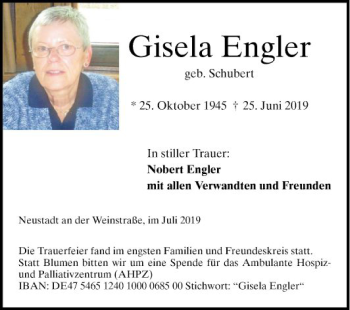 Traueranzeige von Gisela Engler von Mannheimer Morgen