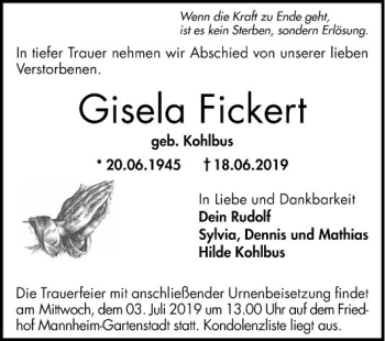 Traueranzeige von Gisela Fickert von Mannheimer Morgen