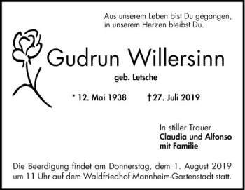 Traueranzeige von Gudrun Willersinn von Mannheimer Morgen