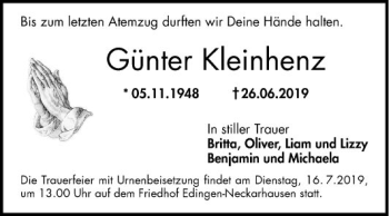 Traueranzeige von Günter Kleinhenz von Mannheimer Morgen