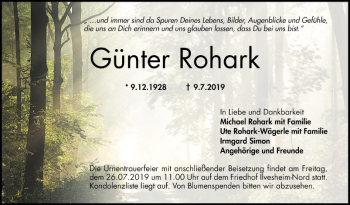 Traueranzeige von Günter Rohark von Mannheimer Morgen