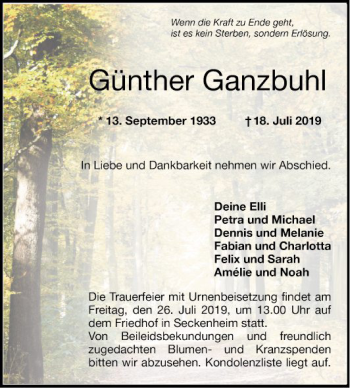 Traueranzeige von Günther Ganzbuhl von Mannheimer Morgen