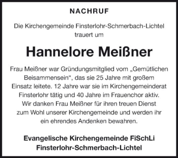 Traueranzeige von Hannelore Meißner von Fränkische Nachrichten