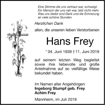 Traueranzeige von Hans Frey von Mannheimer Morgen