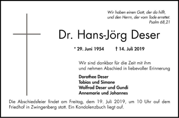 Traueranzeige von Hans-Jörg Deser von Bergsträßer Anzeiger