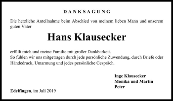 Traueranzeige von Hans Klausecker von Fränkische Nachrichten