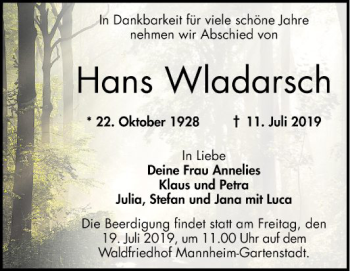 Traueranzeige von Hans Wladarsch von Mannheimer Morgen