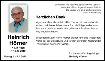 Traueranzeige von Heinrich Hörner von Fränkische Nachrichten