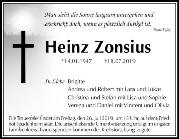 Traueranzeige von Heinz Zonsius von Mannheimer Morgen