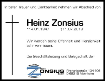 Traueranzeige von Heinz Zonsius von Mannheimer Morgen