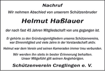 Traueranzeige von Helmut Haßlauer von Fränkische Nachrichten