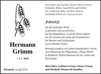 Traueranzeige von Hermann Grimm von Fränkische Nachrichten