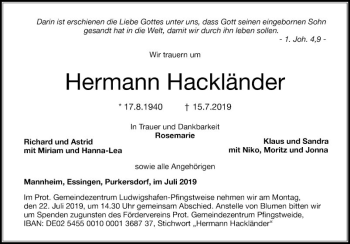 Traueranzeige von Hermann Hackländer von Mannheimer Morgen