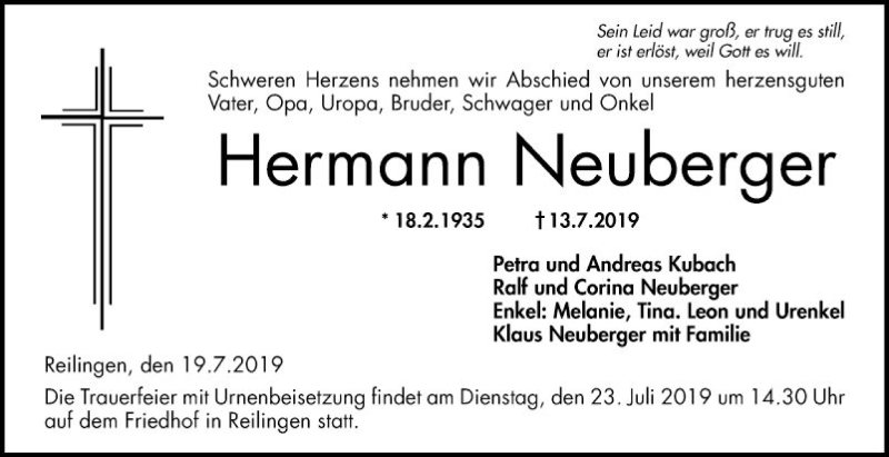  Traueranzeige für Hermann Neuberger vom 19.07.2019 aus Schwetzinger Zeitung