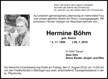 Traueranzeige von Hermine Böhm von Fränkische Nachrichten