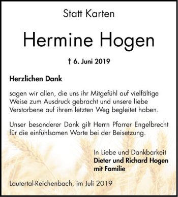 Traueranzeige von Hermine Hogen von Bergsträßer Anzeiger