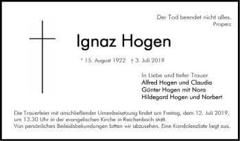 Traueranzeige von Ignaz Hogen von Bergsträßer Anzeiger