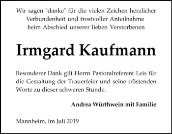 Traueranzeige von Irmgard Kaufmann von Mannheimer Morgen