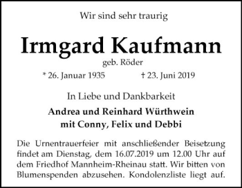 Traueranzeige von Irmgard Kaufmann von Mannheimer Morgen