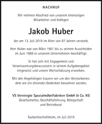 Traueranzeige von Jakob Huber von Fränkische Nachrichten