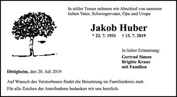 Traueranzeige von Jakob Huber von Fränkische Nachrichten