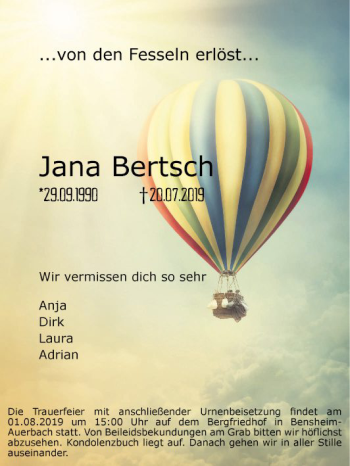 Traueranzeige von Jana Bertsch von Bergsträßer Anzeiger