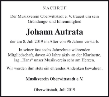 Traueranzeige von Johann Autrata von Fränkische Nachrichten