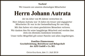 Traueranzeige von Johann Autrata von Fränkische Nachrichten