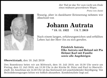 Traueranzeige von Johann Autrata von Fränkische Nachrichten