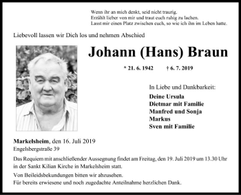 Traueranzeige von Johann Braun von Fränkische Nachrichten