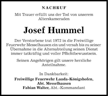 Traueranzeige von Josef Hummel von Fränkische Nachrichten