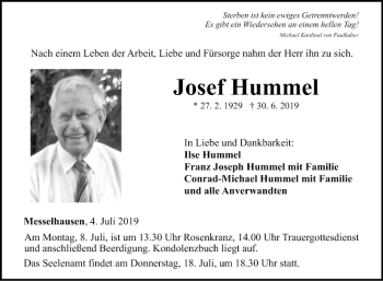 Traueranzeige von Josef Hummel von Fränkische Nachrichten