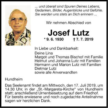 Traueranzeige von Josef Lutz von Fränkische Nachrichten