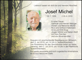 Traueranzeige von Josef Michel von Fränkische Nachrichten