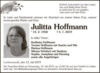 Traueranzeige von Julitta Hoffmann von Fränkische Nachrichten