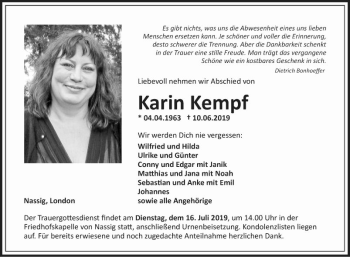 Traueranzeige von Karin Kempf von Fränkische Nachrichten