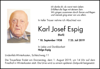 Traueranzeige von Karl Josef Espig von Bergsträßer Anzeiger