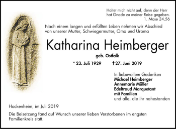 Traueranzeige von Katharina Heimberger von Schwetzinger Zeitung