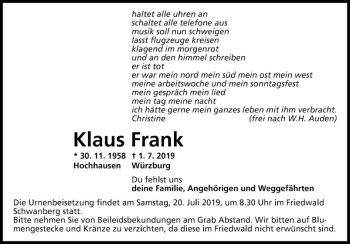 Traueranzeige von Klaus Frank von Fränkische Nachrichten