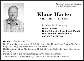 Traueranzeige von Klaus Harter von Fränkische Nachrichten