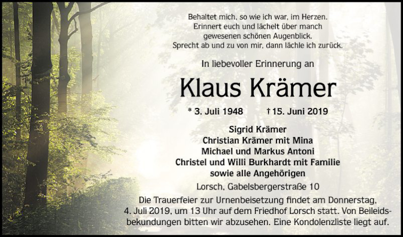  Traueranzeige für Klaus Krämer vom 29.06.2019 aus Bergsträßer Anzeiger