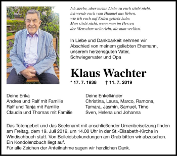 Traueranzeige von Klaus Wachter von Fränkische Nachrichten