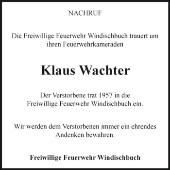 Traueranzeige von Klaus Wachter von Fränkische Nachrichten